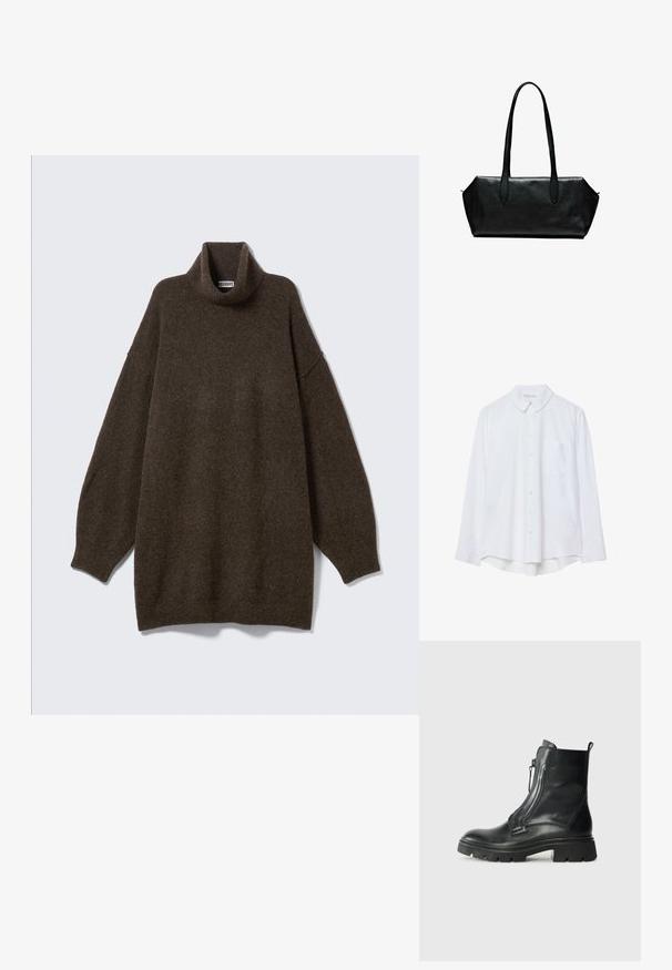 Übergroßer brauner Rollkragenpullover mit abgesenkten Schultern, geripptem Kragen und weichem, strukturiertem Stoff. Einfaches, entspanntes Design.; Weißes Langarm-Hemd mit Knopfverschluss, Kragen und einer einzelnen Brusttasche, leicht geschwungener Saum, auf weißem Hintergrund präsentiert.; Schwarze Leder-Ankle Boots mit einer robusten Gummisohle, seitlichem Reißverschluss, glatter Textur und einer leicht abgerundeten Zehenpartie. Minimalistisches Design ohne Muster.; Schwarze Ledertasche mit langen Griffen, rechteckiger Form, glatter Oberfläche und schrägen Seiten, mit minimalistischer Gestaltung und ohne sichtbare Beschläge.