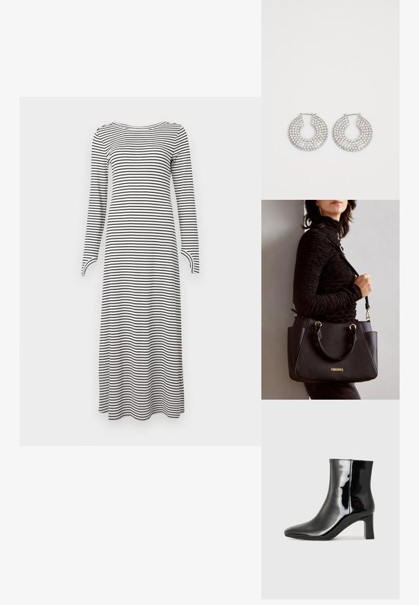 Langermet kjole med horisontale svart-hvite striper, laget av mykt stoff med rett snitt og rundt halslinje.; Sorte patentlær ankle boot med spiss tå og en mellomhøy blokkhelt. Glatt tekstur og minimalistisk design.; Svart håndveske med teksturert overflate, doble topphåndtak og justerbar skulderrem. Har detaljer i gulltone og sidelommer.; Sølv hoop øredobber prydet med flere klare krystallpynt, med en teksturert overflate og et åpent sirkulært design.