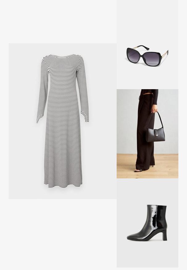 Pitkähihainen mekko, jossa on vaakasuorat mustavalkoiset raidat, valmistettu pehmeästä kankaasta, suoralla leikkauksella ja pyöreällä pääntiellä.; Musta patenttilakattu nilkkuri, jossa on terävä kärki ja keskipitkä lohkarekorko. Silkkinen pinta ja minimalistinen muotoilu.; Mustat ylisuurten kehysten aurinkolasit, joissa on liukuväri-linssit, paksut kehykset ja kultasävyiset ketjustuskoristeet temppeleissä.; Musta käsilaukku, jossa on rakenteellinen muoto, sileä pinta ja metallinen solki. Yhdistetty leveisiin mustiin housuihin ja avonaiheisiin sandaaleihin puulattialla.