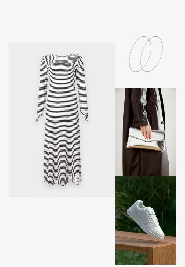 Langärmliges Kleid mit horizontalen schwarz-weiß gestreiften Muster, gefertigt aus weichem Stoff, mit gerader Passform und rundem Halsausschnitt.; Weiße Sneaker mit einem glatten, synthetischen Obermaterial, perforierter Zehenbox, flachen Schnürsenkeln und einer strukturierten Sohle, präsentiert auf einer Holzoberfläche.; Silberner metallischer Clutch mit einem eckigen Umschlagdesign, glatter Textur und kontrastierender Innenfarbe, gehalten in einer Hand, die einen schwarzen Mantel trägt.; Silberne Creolen mit minimalistischem Design. Rundform, glatte Oberfläche und dünnes Profil. Leichtgewichtig mit hochglänzender Oberfläche.