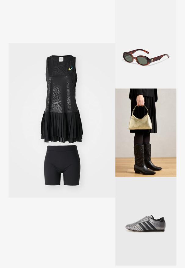 ASICS MATCH CAPSULE DRESS SET - Sporta kleita - performance black; adidas Originals TAEKWONDO W - Sporta apavi - grey five/core black; Bruņurupuča čaulas saulesbrilles ar tumšiem lēcām, ovāla forma un plašām kājām. Izceļas ar mazu zelta akcentu sānos. Gluda plastmasas materiāls.; Zeltīta, tekstūrēta rokassoma ar izliekumu un īsu rokturi, kuru tur persona, kas ģērbusies melnā plisētā svārku un melnās ādas kovboju zābakos.