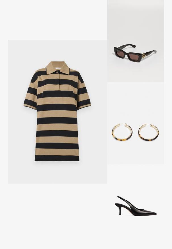 Polo tričko s horizontálnymi čiernymi a hnedými pruhmi, golierom a zapínaním na tri gombíky. Vyrobené z jemného, ľahkého materiálu.; NA-KD Klasické lodičky na opätku - black; Čierne korytnačie slnečné okuliare s obdĺžnikovými šošovkami, hnedým odtieňom, hrubým rámom a zlatým detailom dvojitého loga G na spánku.; Zlaté náušnice vo forme kruhov so vzorom žiabra na vonkajšej hrane z živice, s hladkým povrchom a elegantným, okrúhlym tvarom.