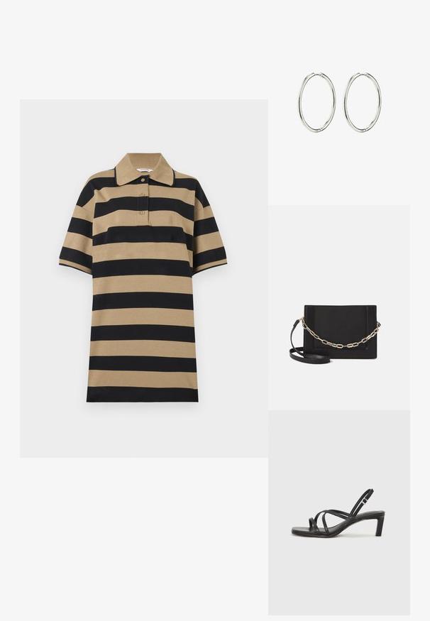 Polo majica s horizontalnim crnim i smeškim prugama, ovratnikom i tri dugmeta. Napravljena od mekog, lakog materijala.; Crne sandale s trakama, kvadratnim prstom i niskom blok petom. Ima više tankih trakica i podesivu trakicu oko gležnja. Izrađene su od glatke kože.; Crna kožna torba preko tijela s glatkom teksturom, pravokutnim oblikom i metalnim lancem na prednjoj strani. Uključena je podesiva naramenica.; Srebrne okrugle naušnice s glatkom, poliranom površinom. Okrugli oblik, lagani dizajn, s mehanizmom sigurnog kopčanja.