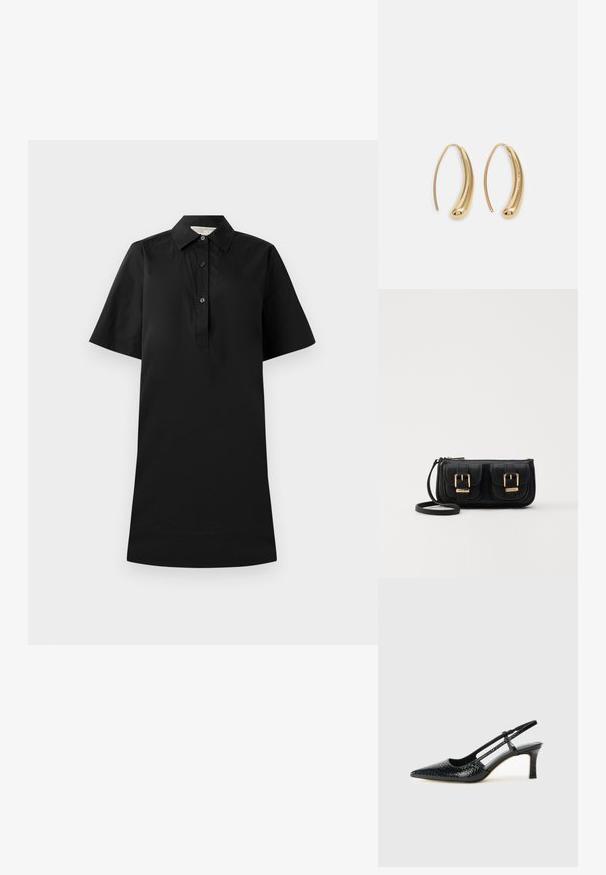 Black short-sleeve dress with a collared neck, button placket, and a straight silhouette. Made of lightweight fabric with a smooth texture.; Black patent slingback heel with a pointed toe, featuring textured snake print, adjustable strap, and a short, textured block heel.; Black leather crossbody bag with two front pockets, gold buckles, zipper closure, and a slim strap. Textured surface and compact rectangular shape.; Gold-tone metal hoop earrings with a curved, elongated shape. Features a smooth, shiny surface and a rounded tip for added detail.