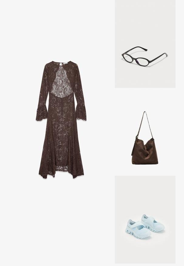 Lång brun spetsklänning med trumpetärmar, rund halsringning och genomskinlig blommönster i hela tyget.; Ljusblå sneakers med mesh-tyg, framträdande urtag i sulan och en kardborreband ovanpå för en säker passform.; Svart ovalt ramglasögon med genomskinliga lila detaljer på linserna. Ramen har en mattslät yta och slanka, raka tempel.; Brun mockaskinn hobo-väska med en rundad topp, ett långt band med prickiga detaljer och en mjuk textur. Har en slapp design för avslappnad användning.