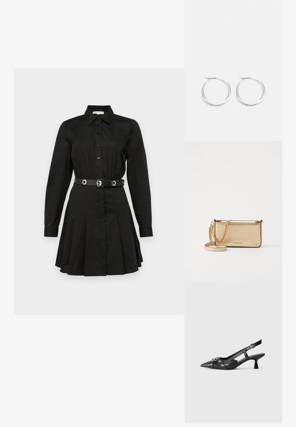 Juoda suknelė marškinių stiliumi su ilgomis rankovėmis, sagčių uždarymas, prisitaikanti juosmens linija su diržu, kuriame yra apvalių akcentų, ir plačios sijono dizainas.; Juodas odinis slingback tipo batai su smailiu priekiniu atvartu, dekoratyvinėmis sagtimis su metaliniais akyčiais ir žemu blokiniu kulnu. Saldus paviršius.; Metaliniu auksu padengtas odinis rankinukas su tekstūruotu paviršiumi, kuris turi auksinį grandinėlės dirželį ir nuimamą petį. Įspaustas prekės ženklas.; Sidabriniai žiedo auskarai turi lygią, suapvalintą formą, ploną profilį ir saugų užsegimą. Minimalistinis stilius su blizgiu apdaila.