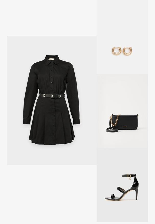 Vestido preto com mangas longas, fecho frontal com botões, cintura ajustada com um cinto com detalhes circulares e design de saia rodada.; Sandal de couro envernizado preto com três tiras, fivela no tornozelo e salto agulha de 10 cm. Apresenta detalhes em hardware dourado e um charme com logotipo.; Clutch de couro preto com um detalhe em corrente dourada, textura suave e logotipo dourado. Inclui uma alça ajustável para versatilidade.; Argolas de ouro com acabamento polido, apresentando um design circular e espesso, além de um mecanismo de fecho seguro. Textura suave e aparência brilhante.