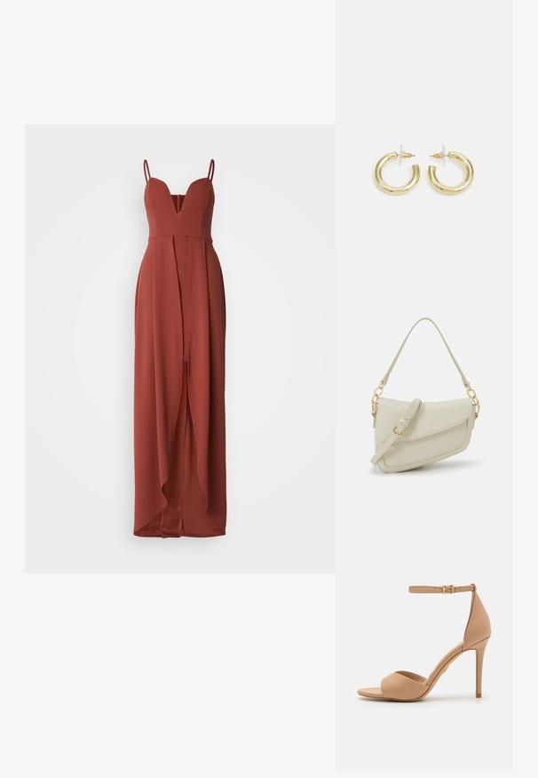 Rochie lungă, fără mâneci, de culoare ruginie, cu decolteu adânc în V, corp strâns și fusta fluidă cu o deschidere frontală. Țesătură netedă.; ALDO CRERIDE PILLOW WALK - Sandale - beige; Geantă mică de crem cu un finisaj texturat, curea lungă și ajustabilă, accent cu lanț și închidere cu clapetă. Detalii din hardware aurie.; Cercei cercuri din aur cu un finisaj neted și strălucitor. Design circular cu un mic suport și un spate transparent pentru o purtare sigură.