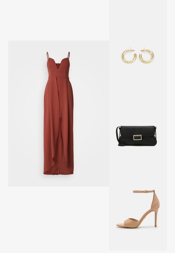 Pikk, ilma varrukat rusti värvi kleit, millel on sügav V-kaelus, sobiv piht ja voolav seelik, millel on eeslahk. Sile kangas.; ALDO CRERIDE PILLOW WALK - Sandaalid - beige; Must haben musta nahkklahviga kott, millel on klapp ja kuldne metallist pandla detail. Kaasas must rihm ja stiilne, minimalistlik disain.; Kuldne rõngassõrmused sileda ja läikiva viimistlusega. Ringikujuline disain, millel on väike post ja selge tagumine külg, et tagada kindel kandmine.