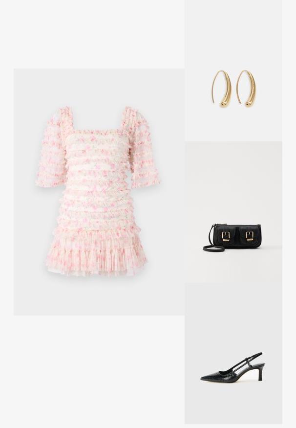 Rochie volanțată cu decolteu pătrat și mâneci bufante, realizată dintr-un material transparent cu motive florale roz și volane stratificate la tiv.; Pantofi cu toc slingback negri din patent, cu vârf ascuțit, cu imprimeu de șarpe texturat, curea ajustabilă și toc scurt texturat.; Geantă neagră din piele, tip crossbody, cu două buzunare frontale, catarame aurii, închidere cu fermoar și o curea subțire. Suprafață texturată și formă rectangulară compactă.; Cercei din metal auriu, cu un design curbat și alungit. Au o suprafață netedă și strălucitoare, cu un vârf rotunjit pentru un detaliu suplimentar.