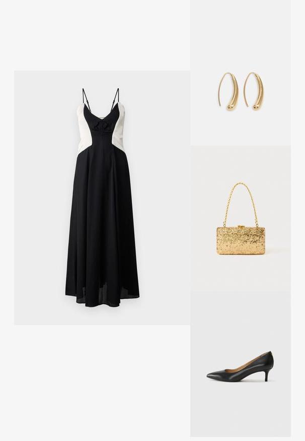 Robe bicolore noire et crème avec un corsage ajusté, un détail nœud à l'avant et des bretelles fines ajustables. Jupe fluide qui atteint les chevilles.; Pompe noire en cuir avec un embout pointu, un petit talon et une texture lisse. Présente une légère ouverture à l'avant et un matériel minimal à l'arrière.; Pochette en sequins dorés de forme rectangulaire, dotée d'une poignée en chaîne torsadée et d'une fermeture à fermoir en métal, réfléchissant la lumière avec une finition texturée.; Boucles d'oreilles en métal doré en forme d'anneau, avec une forme courbée et allongée. Elles présentent une surface lisse et brillante avec une pointe arrondie pour un détail supplémentaire.