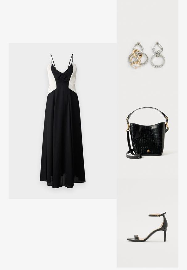 Zwart en crèmekleurige kleurgeblockeerde jurk met een aansluitende lijfje, strikdetail aan de voorkant en verstelbare dunne bandjes. Vloeiende rok die tot aan de enkels reikt.; Zwarte leren hoge hak sandaal met enkelbandje. Heeft een gladde textuur, open teen en een dunne hak. Gouden gesp detail.; Zwarte croco-embossed leren tas met een gebogen ontwerp, gouden hardware-accenten, een verstelbare schouderriem en een logo-detail aan de voorkant.; Oorbellen in de vorm van hoops met verweven gouden en zilveren ringen, voorzien van een heldere cubic zirconia accent en een textuurband op één ring.