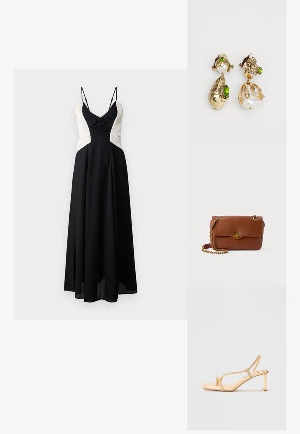 Musta ja kerma väriestetty mekko, jossa on tiukka yläosa, nauhat yksityiskohtana edessä ja säädettävät ohuet olkaimet. Laskostettu hame ulottuu nilkkoihin.; Kultaiset korkokenkä sandaalit, joissa on koristellut nauhat, neliön muotoinen kärki ja ohut lohkokorko vakauden takaamiseksi.; Ruskea nahkainen olkalaukku, jossa on läppäkiinnitys, kultaiset yksityiskohdat ja ketjuhihna. Sileä pinta, suorakulmainen muoto, minimaalinen yksityiskohtaisuus.; Kultakuvioiset korvakorut esittävät epäsäännöllisiä teksturoituja muotoja, joita koristavat vihreät kivet ja valkoiset helmet. Ne on varustettu klipsikiinnityksillä.