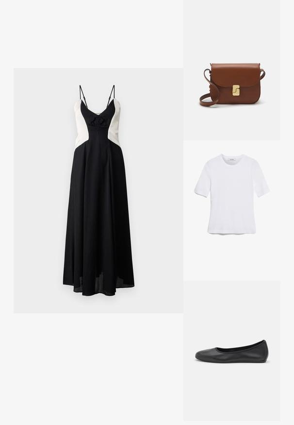 Sukienka kolor-block w odcieniach czerni i kremu z dopasowanym gorsetem, detalem w postaci kokardy z przodu oraz regulowanymi cienkimi ramiączkami. Luźna spódnica sięga kostek.; Biała koszulka krótki rękaw wykonana z materiału prążkowanego. Okrągły dekolt, regularny krój i subtelne detale szwów. Bez wzorów ani grafik.; Czarne skórzane baletki z zaokrąglonym noskiem, gładką fakturą, minimalnymi przeszyciami i elastycznym designem podeszwy.; Brązowa skórzana torebka na ramię z klapką, złotymi detalami, paskiem na ramię i gładką teksturą. Kompaktowy prostokątny kształt.