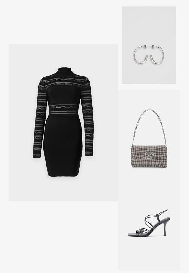 Juodas suknelė su ilgomis rankovėmis, pasižyminti permatomomis horizontaliomis juostelėmis ir aukštu kaklu. Sukurta su prigludusia siluetu ir tekstūruotu audiniu.; Juodos aukštakulnės sandalai pasižymi plonyčiais dirželiais su mazgo dizainu, lygiu kvadratiniu pirštu ir elegantišku stiletto kulnu.; Šviesiai pilka metalinė rankinė su grandinėlės dirželiu, papuošta mažais apvaliais metaliniais smeigėmis ir trikampiu prekės ženklu.; Sidabrinės auskarai žiedai su lygiu, blizgiu paviršiumi. Suapvalinta forma, lengvas dizainas, su uždarymu ant smeigtuko.