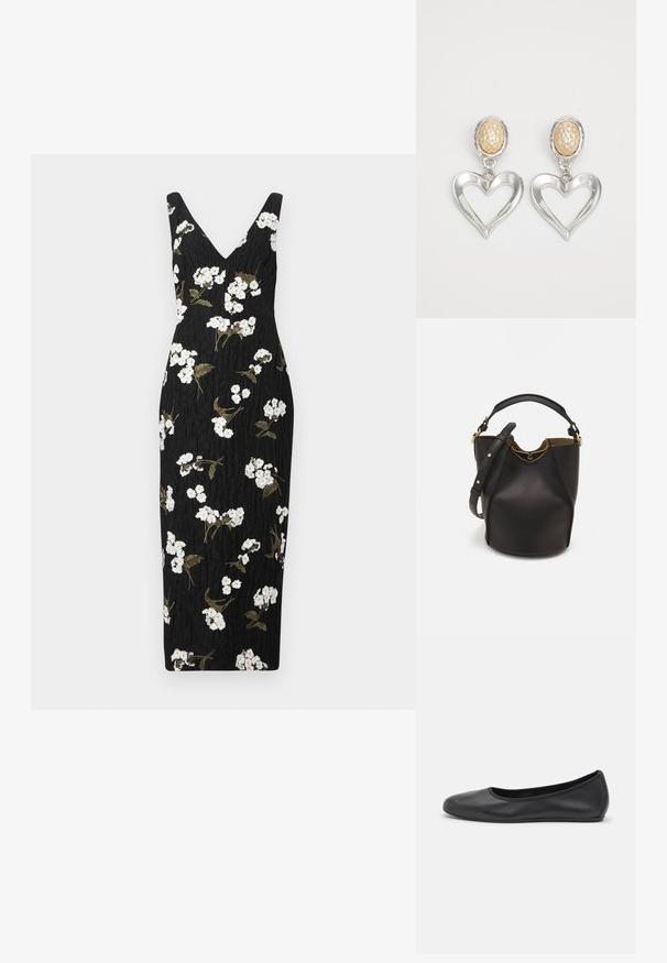 Juodas prigludęs suknelė su V formos iškirpte, dekoruota baltomis gėlių siuvinėmis ir žaliais lapais. Textūruotas audinys, iki kelių ilgio dizainas.; Juodai odiniai baletai su apvaliu pirštu, lygi texture, minimalus siuvimo detales ir lanksčiu padų dizainu.; Juodas odinis kibiro tipo krepšys su tekstūruotu paviršiumi, auksiniais detalėmis ir atvira viršūne. Yra trumpa rankena ir reguliuojama petneša.; Sidabrinės širdelės formos auskarai su blizgiu paviršiumi. Kiekvienas turi tekstūruotą bežinę ovalią studę. Elegantiškas ir lengvas dizainas.