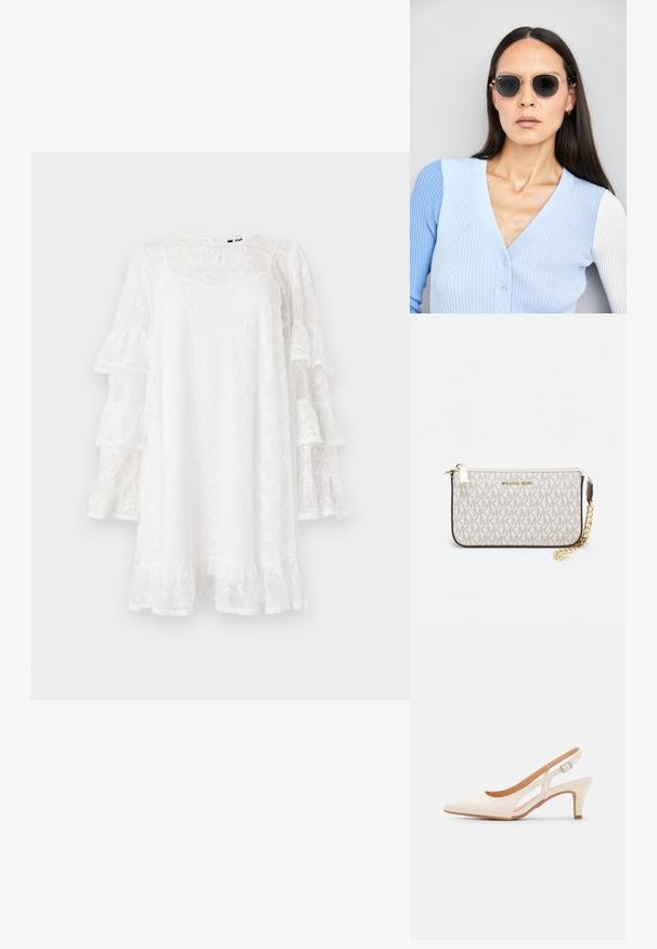 Valge pitskleit flared varrukatega, lillemustriga ja volangservaga. Kerge, põlvepikkune disain koos kerge V-kaelusega.; Valge slingback konts, terava ninaga, siledast ülemisest materjalist, madala ploki kontsaga ja külgse nähtavusega ning reguleeritava pandla rihmaga.; Ringikujulised prillid tumedate läätsede ja kullast raamiga. Mudel on selga pannud helesinise soonikuga kardigani, millel on nupud ja kontrastsed valged varrukad.; Michael Korsi randmevõru beige kaetud kangast, millel on korduv MK logo muster, kuldne riistvara ja eemaldatav ahelistrap.