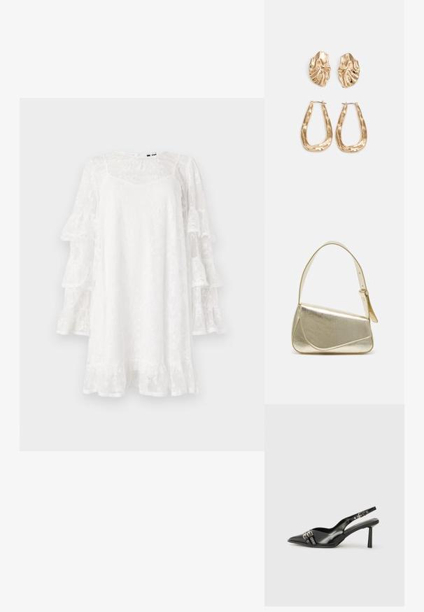 Vestido blanco de encaje con mangas acampanadas, patrón floral y dobladillo con volantes. Diseño ligero, de longitud a la rodilla y con un sutil escote en V.; Zapato de charol negro tipo slingback con punta afilada, correas al tobillo con hebillas y herrajes de plata, y un tacón delgado.; Bolso de mano metálico dorado con un diseño estructurado, textura suave y correa ajustable. Presenta una forma triangular única y un cosido minimalista.; Pendientes en tono dorado que presentan formas texturizadas y onduladas. Incluyen aros de clip esculturales y un diseño de aro abierto con un acabado martillado.