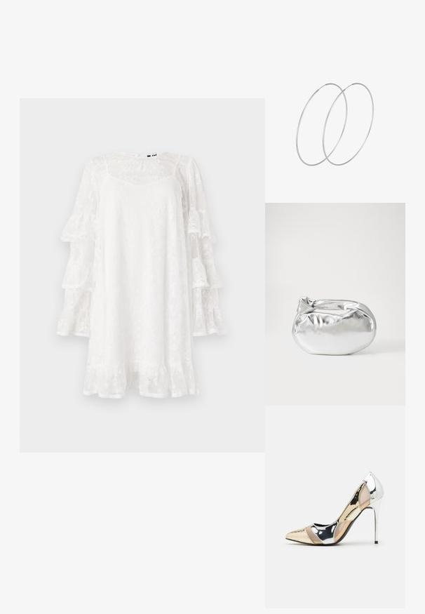 Bela čipkasta obleka z razširjenimi rokavi, cvetličnim vzorcem in nagubanimi robovi. Lahka, do kolen dolg model s subtilnim V-izrezom.; Čevlji z visoko peto in konico, v barvni kombinaciji srebrne, zlate in nude. Sijajna obdelava z izrezljanim dizajnom, z igličasto peto.; Srebrna kovinska torbica z mehko, zaobljeno obliko in zavezano zgornjo zaporo. Narejena iz gladkega umetnega usnja.; Srebrne uhane v obliki obroča z minimalističnim dizajnom. Krožna oblika, gladka tekstura in tanek profil. Lahki s poliranim zaključkom.