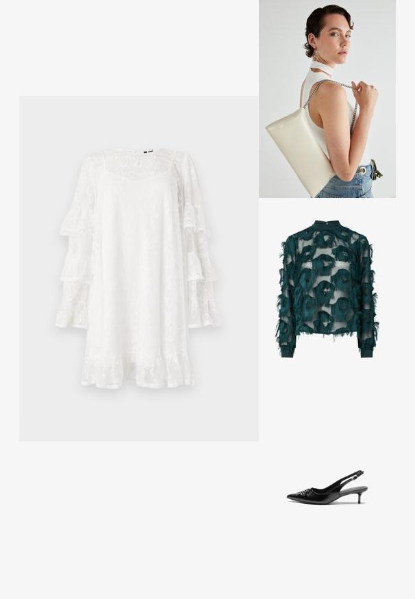 Valkoinen pitsimekko, jossa on levenevät hihat, kukkakuvio ja röyhelöhammas. Kevyt, polvimittainen malli, jossa on hienovarainen V-päiväntasaus.; Teal läpinäkyvä paita, jossa on teksturoituja, repaleisia pyöreitä kuvioita, korkealla kaula-aukolla ja pitkillä hihoilla, joissa on suora helma. Takana nappikiinnitys.; Mustat nahkaiset slingback-korkokengät, joissa on terävä kärki, pieni kitten-korko ja koristeellinen solki edessä. Yksinkertainen pinta kauttaaltaan.; Valkoinen suorakulmainen clutch-laukku, joka on valmistettu kiiltävästä materiaalista ja jossa on hopeinen ketjuolkahihna. Malli poseeraa laukku käsivarsillaan yksinkertaista taustaa vasten.