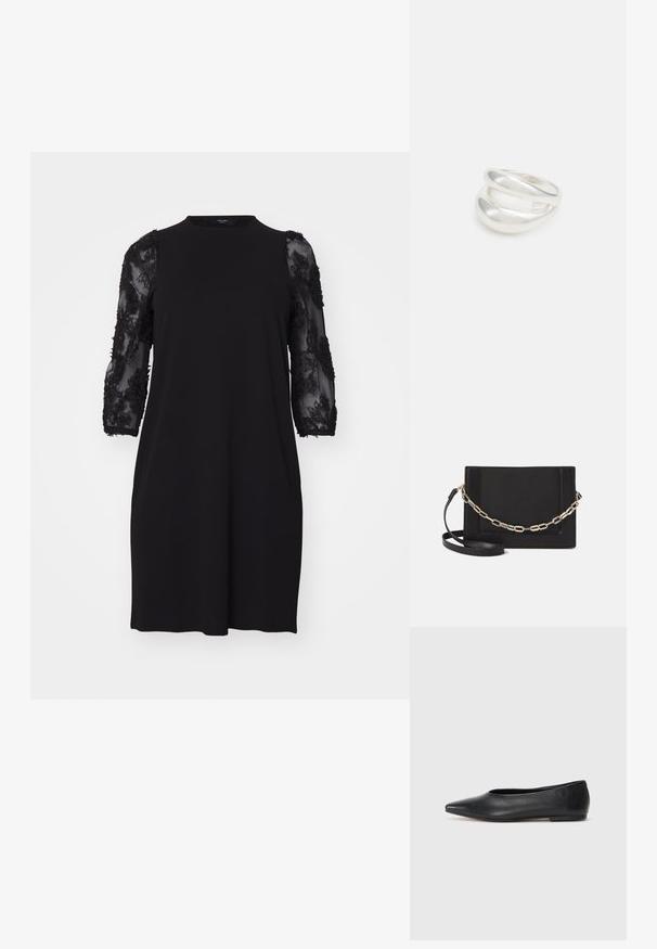 Melna kleita ar apaļu kakla izgriezumu, trīs ceturtdaļu garuma caurspīdīgām piedurknēm ar ziedu mežģīņu detaļām un brīvu piegriezumu.; Melna ādas baleta kurpe, ar norādītu purngalu, minimālisma dizains, gluda tekstūra, zema papēža augstums, bez redzamiem aksesuāriem vai rotājumiem.; Melna ādas crossbody soma ar gludu faktūru, taisnstūrveida formu un metalizētu ķēdes detaļu priekšā. Iekļauta regulējama siksna.; Sudraba divu joslu gredzens ar gludu, pulētu virsmu. Iezīmējas ar plūstošu, izliekta dizaina struktūru ar pārklājošām sekcijām modernam izskatam.