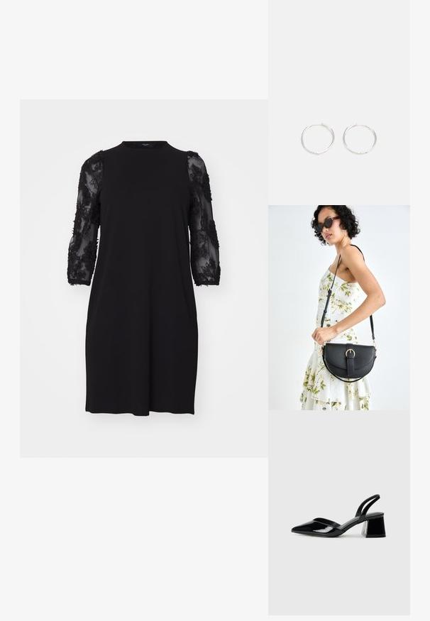 Melna kleita ar apaļu kakla izgriezumu, trīs ceturtdaļu garuma caurspīdīgām piedurknēm ar ziedu mežģīņu detaļām un brīvu piegriezumu.; Melna lakota āda ar atvērto papēdi, ar smailu purngalu un ģeometrisku blokpapēdi. Iezīmējas elegants, minimāls dizains un gluda tekstūra.; Melnas ādas rokassoma ar izliekta formu, noņemamu siksnu un zelta aksesuāriem. Somai ir vāciņš ar sprādzes detaļu.; Sudraba riņķa auskari ar elegantu, apaļu dizainu, kas izceļas ar gludu virsmu un bez redzamām rotājumām. Diametrs netiek norādīts.