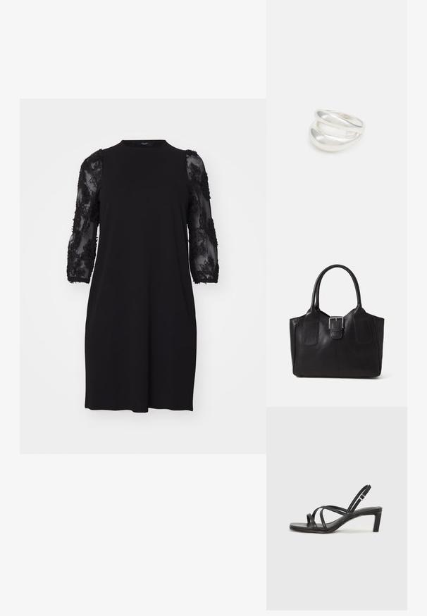 Črna obleka z okroglo izrezom, prosojnimi rokavi dolžine tri četrtine z cvetličnimi čipkastimi detajli in sproščenim krojem.; Črne natikače s trakovi in kvadratnim prstom ter nizkim blokastim peto. Imajo več tankih trakov in nastavljiv trak okoli gležnja. Narejene so iz gladkega usnja.; Črna usnjena torba s gladko teksturo, strukturirano obliko, dvema ročkama in izrazitim srebrnim sponko na sprednji strani.; Srebrn dvojni prstan z gladko, polirano površino. Ima tekoč, ukrivljen dizajn z prekrivajočimi se sekcijami za sodoben videz.