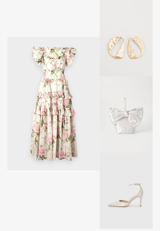 Lillelillede maxi kleit, millel on õlgade pealt avatud volangvarrukad, kihiline disain, kreemjas taust, roosa rooside muster ja rohelised lehtede aksendid.; Valgete nahast kõrge kontsaga kingad, terava varbaga, ankle strapiga ja kitsaste stiletto kontsadega. Sile tekstuur koos peene läikega.; Valgest satiinkotist, mille esiküljel on suur lips. Kotil on struktureeritud kuju ja lühike, sile käepide.; Eba paar eba ebaorditud ovaalkujulisi kuldehhe kaal setertu, kerge keersuju  pinnaga valgel taustal.