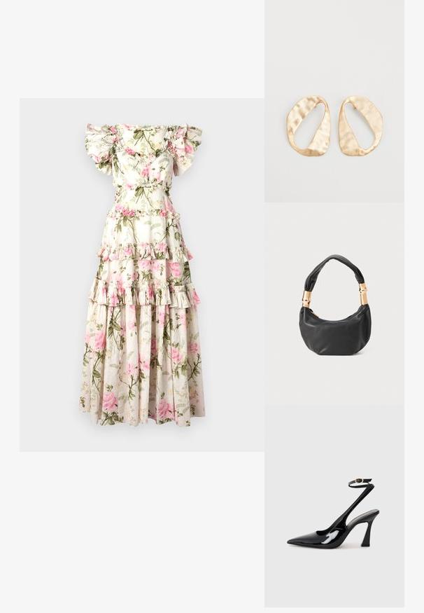 Florales Maxikleid mit schulterfreien Rüschenärmeln, schichtweisem Design, cremefarbenem Hintergrund, rosa Rosenmuster und grünen Blätterakzenten.; Schwarze Lackleder-Slingbacks mit spitz zulaufender Zehenpartie, verstellbarem Knöchelriemen und moderatem Blockabsatz. Glatte Textur mit glänzender Oberfläche.; Schwarze Lederhandtasche mit runder Form, weicher Textur und einem geknoteten Griff mit goldfarbenen Hardware-Akzenten. Reißverschlussverschluss.; Ein Paar unregelmäßige, oval geformte Ohrringe aus goldfarbenem Metall mit einer strukturierten, leicht gehämmerten Oberfläche auf weißem Hintergrund.