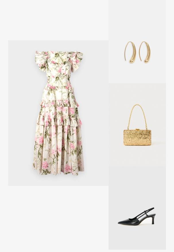 Květinové maxi šaty s odhalenými rameny a volánovými rukávy, s vrstveným designem, krémovým pozadím, vzorem růžových růží a akcenty zeleného listí.; Černé lakované slingback podpatky s špičatou špičkou, zdobené texturovaným hadím vzorem, nastavovacím páskem a krátkým texturovaným blokovým podpatkem.; Zlatá flitrová kabelka ve tvaru obdélníku, s propleteným řetízkovým uchem a kovovým zapínáním, odrážející světlo s texturovaným povrchem.; Náušnice ve tvaru kruhu z pozlaceného kovu s vroubkovaným, prodlouženým tvarem. Mají hladký, lesklý povrch a zaoblený konec pro zvýraznění detailu.
