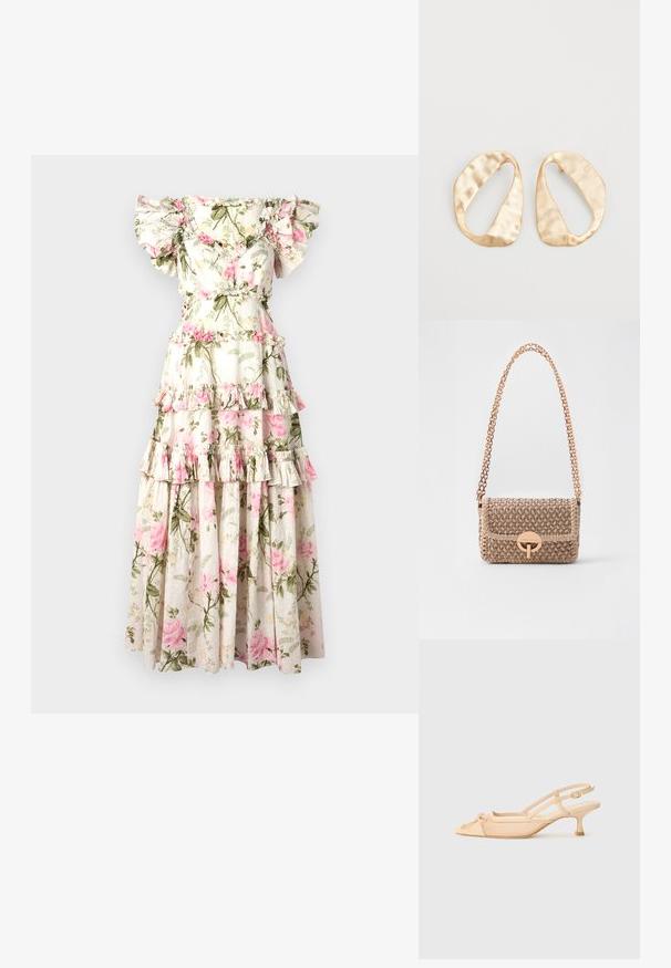 Floral maxi dress with off-the-shoulder ruffled sleeves, tiered design, cream background, pink rose pattern, and green foliage accents.; Stuart Weitzman KITTY - Classic heels - beige/barely beige; Vanessa Bruno NANO MOON - Cross body bag - beige/ivoire; Pair of irregular oval-shaped gold-toned metal earrings with a textured, slightly hammered surface on a white background.