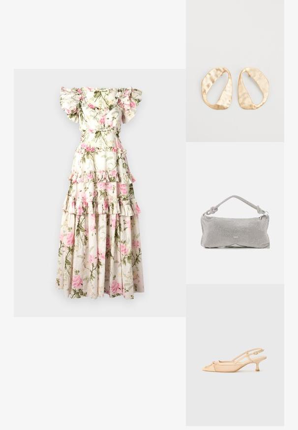 Florales Maxikleid mit schulterfreien Rüschenärmeln, schichtweisem Design, cremefarbenem Hintergrund, rosa Rosenmuster und grünen Blätterakzenten.; Stuart Weitzman KITTY - Pumps - beige/barely beige; Metallnetz-Schultertasche in Silber, ausgestattet mit einem geknoteten Griff, Reißverschluss und geometrischer Körperform mit glatter Textur.; Ein Paar unregelmäßige, oval geformte Ohrringe aus goldfarbenem Metall mit einer strukturierten, leicht gehämmerten Oberfläche auf weißem Hintergrund.