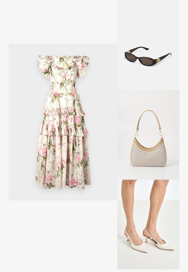 Florales Maxikleid mit schulterfreien Rüschenärmeln, schichtweisem Design, cremefarbenem Hintergrund, rosa Rosenmuster und grünen Blätterakzenten.; Beige Lackleder Slingback-Absätze mit spitzem Fuß und 5 cm Absatz, mit ausgeschnittenen Seiten und einem schmalen Knöchelriemen.; Schildpatt-Sonnenbrille mit länglich-ovalen Gläsern, braunem Farbton, goldenen Logo-Akzenten an den Bügeln und schlanken schwarzen Bügeln.; Beige gemusterte Handtasche mit geschwungener Form, Lederakzenten und einem goldfarbenen Logo auf der Vorderseite. Verfügt über einen kurzen Griff für einfaches Tragen.