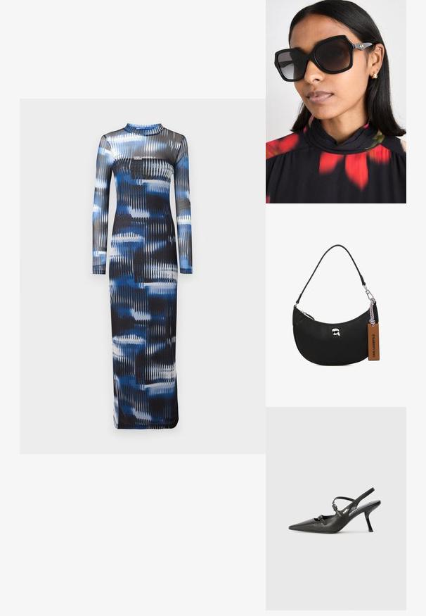 Hosszú ujjú, testhezálló ruha rugalmas anyagból, kék és fekete absztrakt mintázattal, függőleges vonalakkal és kerek nyakkivágással.; Fekete bőrszíjjal ellátott magassarkú cipő, hegyes orral, karcsú sarkával és díszes csattal a vamp részén. Simás textúra és elegáns dizájn.; Fekete, túlméretes napszemüveg geometrikus kerettel, sötét tónusú lencsékkel és arany színű díszítő elemekkel, virágmintás, magas nyakú blúzzal viselve.; Fekete bőrtáska, melynek felülete szemcsés, ívelt formájú, felül zippzárral záródik, ezüst színű fémrészletekkel és barna cimkével rendelkezik. Jellemzője a logós díszítés.