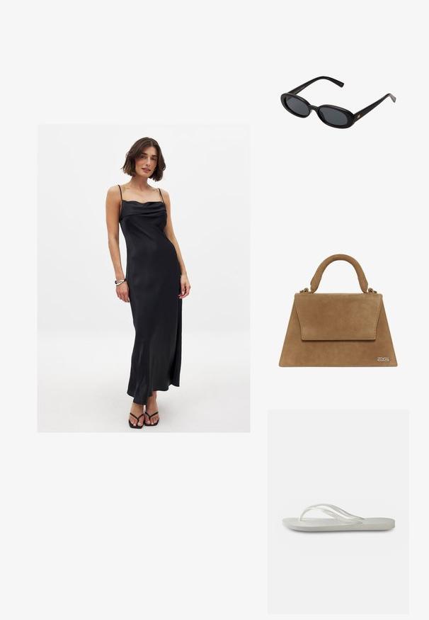 Zwarte satijnen spaghetti strap jurk met een cowlslinie, vloeiende silhouet en een zijsplit, gedragen met zwarte slippers.; Witte flip-flops met een gestructureerde zool, featuring dunne bandjes en een vlak ontwerp. Gemaakt van rubber met een subtiel logo op de voetbed.; Zwarte oversized zonnebril met ovale lenzen, een glad plastic montuur en gouden accenten op de pootjes. Donkere lenzen bieden bescherming tegen de zon.; Bruin suède handtas met een gestructureerde driehoekige vorm, een handvat aan de bovenkant en een klepsluiting. Kenmerkt subtiele logo-details aan de zijkant.