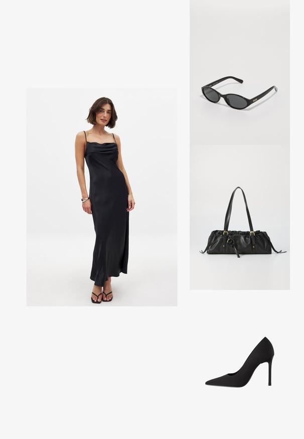 Musta satiininen spagettiolkaiminen mekko, jossa on laskostettu pääntie, virkeä siluetti ja sivuvekki, käytetty mustien flip-floppien kanssa.; Musta korkeakorkoinen korkokenkä teräväkärkisellä, hienostuneella satiinipinnalla ja stiletto-korkealla. Suunniteltu hienovaraisella leikkuulla sivussa.; Mustat aurinkolasit, joissa on pyöreät linssit, kiiltävä muovikehys ja kullanvärinen "QUAY"-logo sivussa. Varustettu tummilla tummennetuilla linsseillä.; Mustassa nahkabagissa on kerrostettu yläosa, kaksi olkahihnaa, kullanvärinen metalliosuus ja keskellä pyöreä yksityiskohta. Pehmeä pinta ja kompakti muoto.