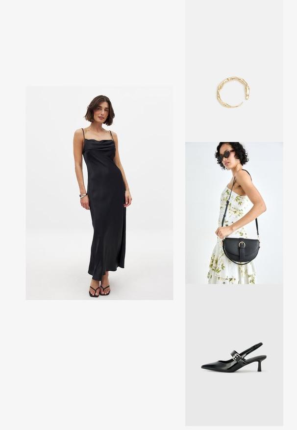 Melnas satīna vakara kleitas ar spageti lencēm, ar izgriezumu pie kakla, plūstošu siluetu un sānu izgriezumu, valkātas ar melniem flip-flop apaviem.; Melnas lakotas ādas sūkņa kurpes ar norādītu purngali un mazu bloku papēdi, ar sudraba sprādzi akcentā uz jostas.; Melnas ādas rokassoma ar izliekta formu, noņemamu siksnu un zelta aksesuāriem. Somai ir vāciņš ar sprādzes detaļu.; Zelta toņa gredzens ar organisku, vērptu dizainu, gludu virsmu un sašaurinātiem galiem, radot mūsdienīgu, skulpturālu izskatu.