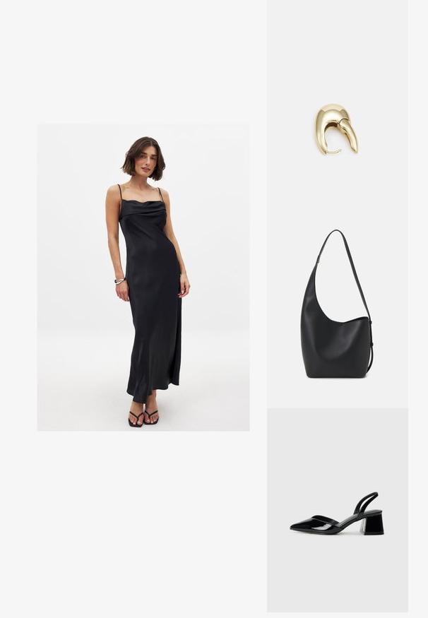 Čierna saténová šaty na tenkých ramienkach s uvoľneným dekoltárom, splývavým strihom a bočným rozparkom, nosené s čiernymi žabkami.; Čierne lakované kožené sandálové podpätky s špicatou špičkou a geometrickým blokovým podpätkom. Disponujú elegantným, minimalistickým dizajnom a hladkým povrchom.; Čierna kožená hobo taška so hladkou textúrou, zakriveným tvarom a jedným nastaviteľným popruhom; má široké otvorenie na vrchu.; Náušnice z kovu v zlatej farbe s elegantným, zakriveným dizajnom. Majú charakteristický špicatý tvar, leštený povrch a uzáver na pánt.