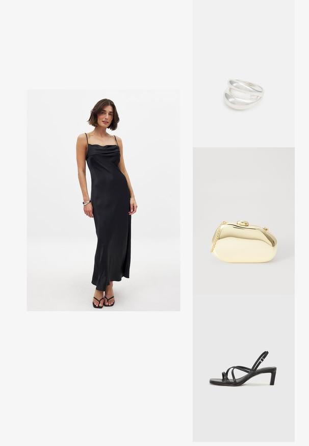 Mustast satiinist spageti rihmaga kleit, millel on kotti lõige, voolav siluett ja küljetuksi, kantud mustade plätudega.; Mustast rihmajalatsid ruudukujulise varba ja madala ploki kontsaga. Omab mitmeid õhukesi rihmasid ja reguleeritavat pahkluu rihma. Valmistatud siledast nahast.; Kuldne metallist käekott sujuva, ümarate kujude ning ülemise nupuvajutusega kinnitusega. Koti küljes on väike kett, et oleks mugav kanda.; Hõbedane kahekordne rõngas sujuva, poleeritud pinnaga. Omab voolavat, kõverat disaini, millel on kattuvad sektsioonid, et saavutada kaasaegne ilme.