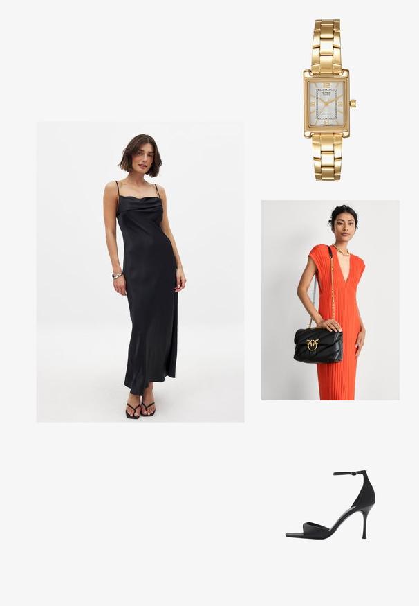 Svart satinklänning med spagettiband och cowl-urringning, flytande silhuett och en sidospringa, bärs med svarta flip-flops.; Mango Sandaletter - black; Svart läderhandväska med kviltad design och guldhardware, försedd med en dekorativ låsning. Väskan har en kedjeslinga och hålls i handen.; Guldtonad rektangulär armbandsklocka med en vit urtavla, silvertonade timmarkörer och ett hållbart metallarmband. Vattentålig funktion ingår.