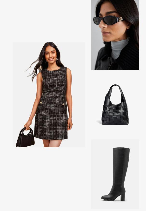 Friends Like These REGULAR FIT - Dienas kleita - black white; Melni ceļgala zābaki, izgatavoti no gludas ādas, ar masīlu papēdi un noapaļotu purngalu. Minimalistisks dizains bez redzamām detaļām vai rotājumiem.; Melni saulesbrilles ar gludu taisnstūra formu un zelta logo akcentu uz sāna. Tumši objektīvi un spīdīga apdare ir izceltas.; Melna ādas austā tote soma ar brīvu formu un plašu plecu siksnu. Aprīkota ar teksturētu, savītotu dizainu ar gludu apdari.