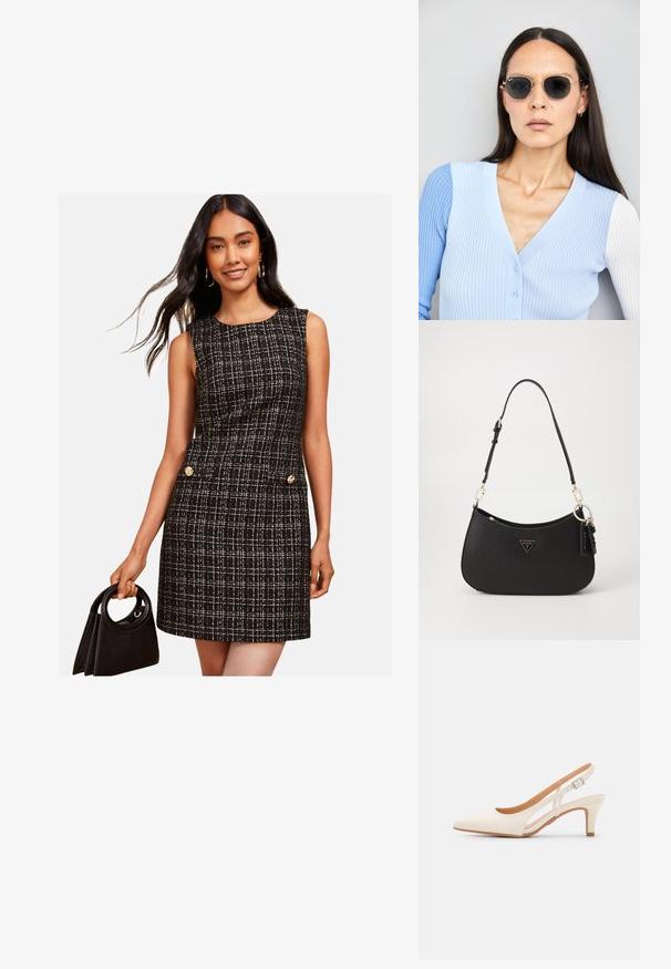 Friends Like These REGULAR FIT czarny; Biała szpilka slingback z ostrym noskiem, gładkim materiałem wierzchnim, niskim obcasem blokowym oraz wycięciami po bokach i regulowanym paskiem z klamrą.; Okrągłe okulary przeciwsłoneczne z ciemnymi soczewkami i złotymi ramkami. Modelka nosi jasnoniebieski kardigan w prążki z guzikami i białymi rękawami w kontrastowym kolorze.; Czarna torebka syntetyczna o zaokrąglonym kształcie, ze złotymi akcentami i trójkątnym logo. Posiada zamek błyskawiczny oraz regulowany pasek.