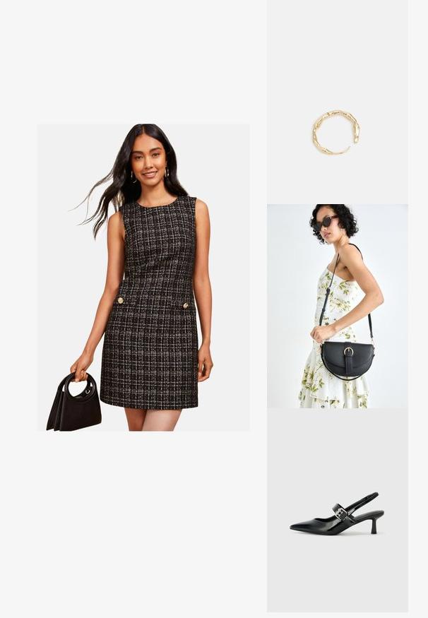 Friends Like These REGULAR FIT - Freizeitkleid - black white; Schwarze Lackleder Slingback-Absätze mit spitzem Zeh und kleinem Blockabsatz, ausgestattet mit einem silbernen Schnallenakzent am Riemen.; Schwarze Lederhandtasche mit geschwungener Form, abnehmbarem Tragegurt und goldenen Beschlägen. Die Tasche verfügt über einen Deckel mit einer Schnallen-Details.; Goldfarbener Ring mit einem organischen, gedrehten Design, glatter Oberfläche und sich verjüngenden Enden, was ein modernes, skulpturales Erscheinungsbild erzeugt.