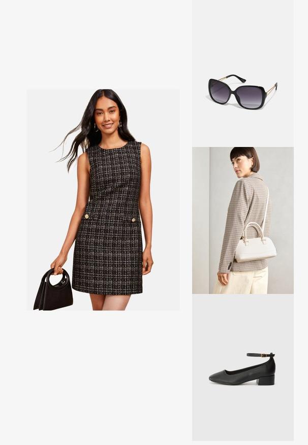 Friends Like These REGULAR FIT - Päevakleit - black white; Must mustaapp, millel on terav nina ja madal blokk-kand. Omab pahkluu rihma koos kuldse tooni pandlaga. Sile tekstuur.; Mustad ümarad päikeseglaasid, millel on gradient objektiivid, paksud raamid ja kuldse tooni kettaga kaunistused tempelitel.; Valge struktureeritud käekott lühikeste käepidemete ja õlavööga, millel on kuldse riistvara aktsendid ja tekstuuriga materjal, eksponeeritud halli taustal.