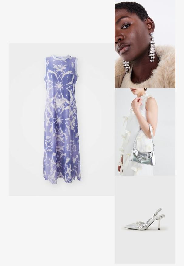 Ujjatlan, világoslila ruha fehér absztrakt mintával, sima anyagból készült, kerek nyakkal és hosszú szsilouett-jel rendelkezik.; Ezüst slingback magas sarkú cipő hegyes orral, fémszerű felülettel, két dekoratív pánttal és vékony sarkú, fekete végű dizájnnal.; Ezüst fémes kézitáska, struktúrált formával, felső fogantyúval és masnis részlettel az elején. Simaságával és fényes felületével tűnik ki.; Ezüst csepp fülbevalók, több áttetsző strasszal díszítve, vízesésszerű kialakítással és textúrált felületekkel, neutrális háttér előtt.