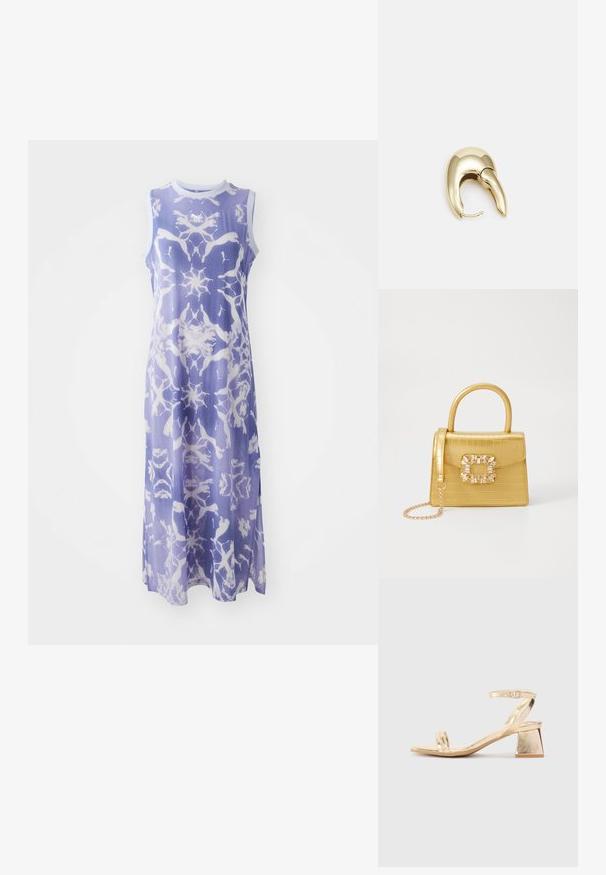 Vestido sin mangas en color púrpura claro con un patrón abstracto blanco, fabricado con una tela suave, que presenta un cuello redondo y una silueta larga.; Sandalia de tacón metálica dorada con un tacón de bloque angular, dos correas sobre el pie y una correa ajustable en el tobillo. Textura suave.; Bolso de mano de imitación cocodrilo amarillo con un diseño estructurado, asa superior, correa de cadena desmontable y embellecimiento de cristal decorativo en el cierre.; Pendiente de metal en tono dorado con un diseño elegante y curvado. Presenta una forma puntiaguda distintiva, superficie pulida y cierre de bisagra.