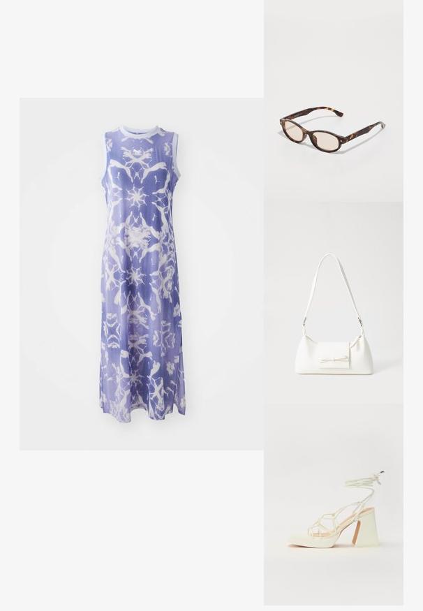 Rankovėmis nesurinkta suknelė šviesiai purpurinės spalvos su balta abstrakčia raštu, pagaminta iš lygaus audinio, su apvalia iškirpte ir ilgu siluetu.; Balti aukštakulniai sandalai su masyviu kulnu, su dirželių dizainu ir kulkšnies raiščiu. Lygi tekstūra su platforma priekyje, suteikianti papildomą aukštį.; Žalios spalvos akinių rėmeliai su apvalia forma ir šviesiais objektyvais. Savybės: tvirtos šakės su mažomis auksinėmis detalėmis, pagamintos iš plastiko.; Balta sintetinė rankinė trikampio formos, plokščiu priekiu su užsegimu, kaspino detale, reguliuojama dirželiu, lygia tekstūra ir minimalistišku dizainu.