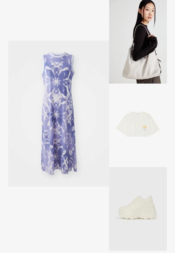 Bezramínková šaty v světle fialové barvě s bílým abstraktním vzorem, vyrobené z hladkého materiálu, s kulatým výstřihem a dlouhou siluetou.; Zkrácené bílé tričko z bavlny s krátkými rukávy, s potiskem žluté palmy a modré vlny na levé straně hrudi.; Bílé platformové tenisky s hladkým svrškem podobným kůži, zaobleným tvarem, polstrovaným límcem a texturovanou gumovou podrážkou s vyznačenými vzory.; Beige kabelka vyrobená z měkkého materiálu, s volným designem, prošívanými detaily a dvěma ramenními popruhy. Vhodná pro každodenní použití.