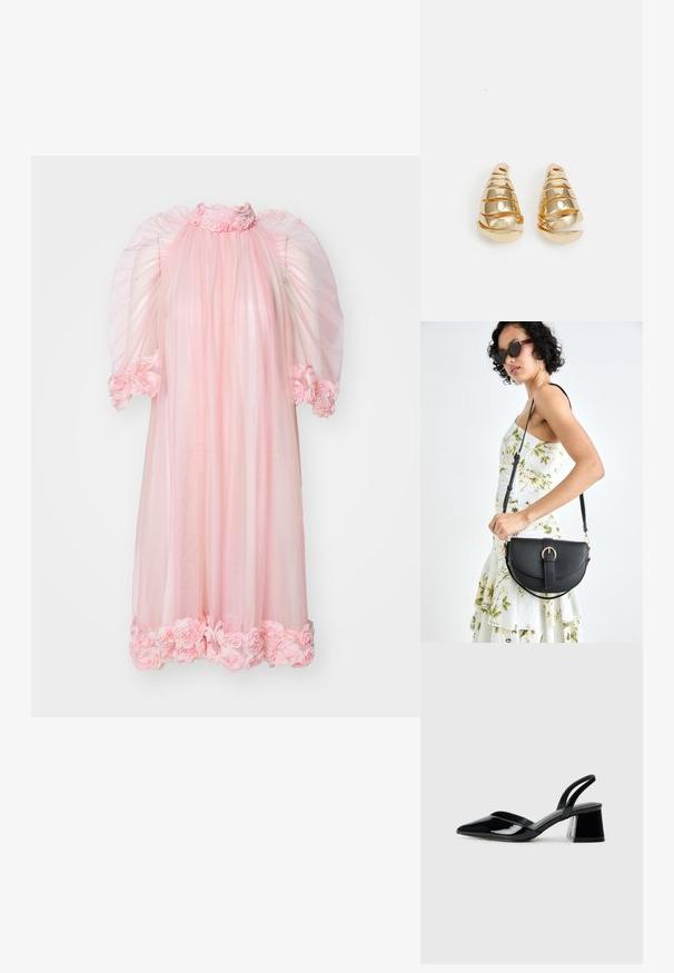 Pink tulle dress with a high neck, dramatic puff sleeves, and rose appliqué details at the collar and hem. Lightweight and sheer fabric.; Black patent leather slingback heels with a pointed toe and a geometric block heel. Features a sleek, minimal design and smooth texture.; Black leather handbag with a curved shape, detachable strap, and gold hardware. The bag features a flap with a buckle detail.; Gold-toned earrings shaped like elongated cones with spiral detailing. Smooth surface with reflective finish, featuring curved accents.