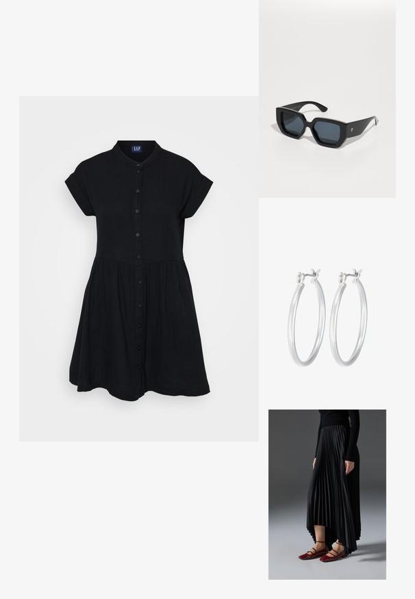 Melna pogu kreklblūze ar apkakli, īsām piedurknēm un savilktu vidukli. Izgatavota no viegla, teksturēta auduma ar plūstošu siluetu.; Melna plisēta kleita ar augstu priekšpusi un zemāku aizmuguri, saskaņota ar spīdīgām sarkānām dzīvokļa kurpēm ar siksnu dizainu. Audumam ir gluda tekstūra.; Melnas lielas saulesbrilles ar ģeometrisku dizainu, taisnstūrveida lēcas un spīdīgu apdari. Uz priekša nav redzama zīmola.; Sudraba riņķveida auss gredzeni ar gludu, pulētu apdari. Apaļa forma un drošs klikšķa augšējais slēgums. Viegls dizains, kas piemērots ikdienas valkāšanai.